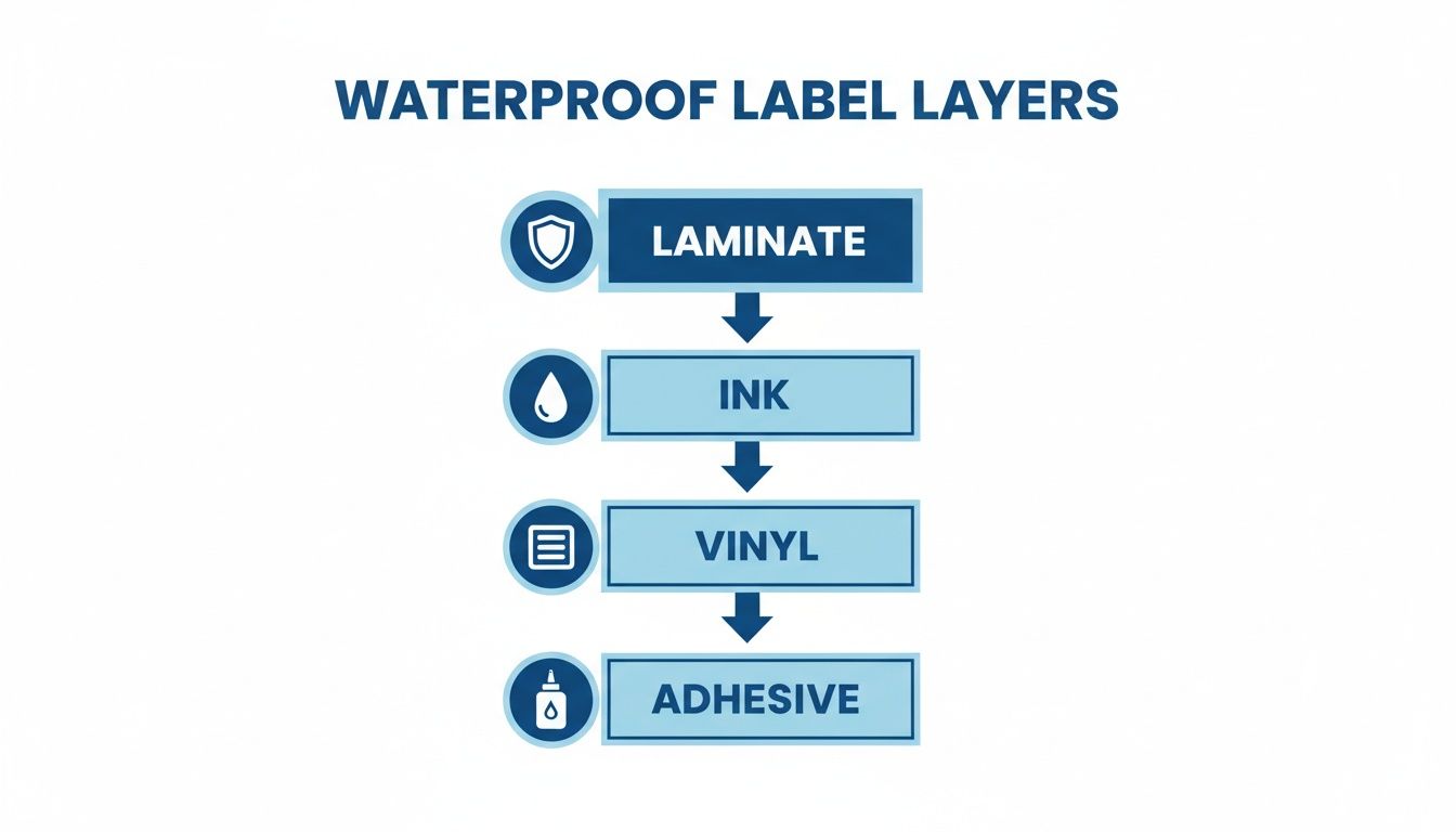 Flowchart illustrates the four layers of a waterproof label: laminate, ink, vinyl, and adhesive.