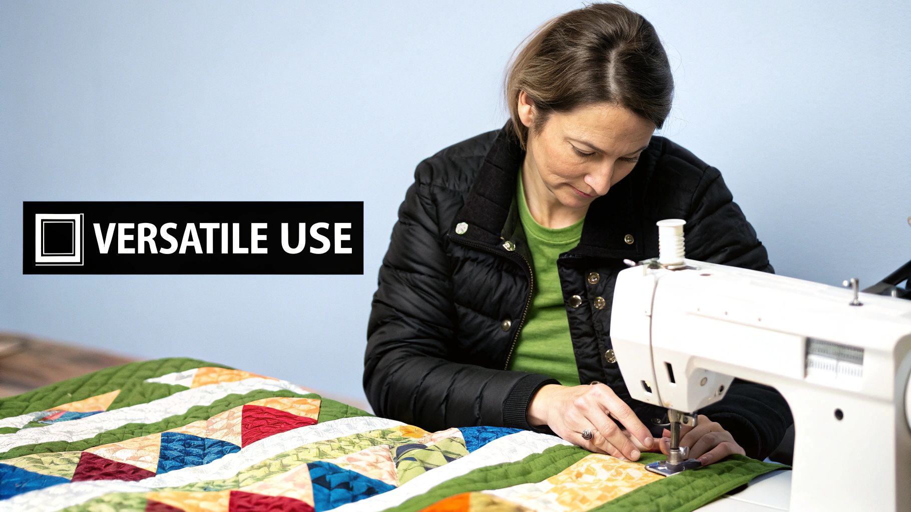 A woman in a black jacket and green shirt sewing a colorful patchwork quilt on a white machine.