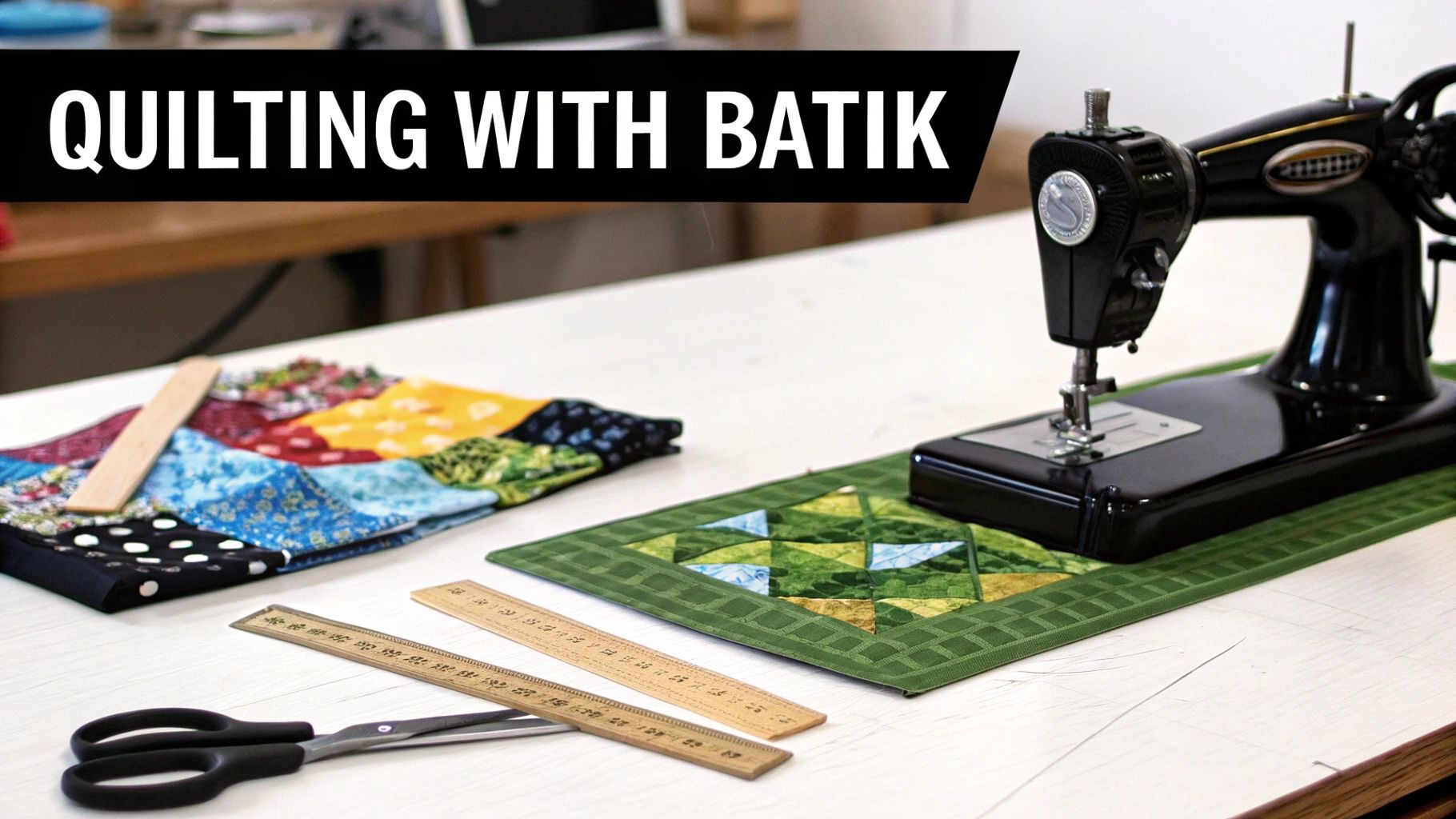 A top-down view of a quilting workspace with a sewing machine, colorful batik fabrics, rulers, and scissors.