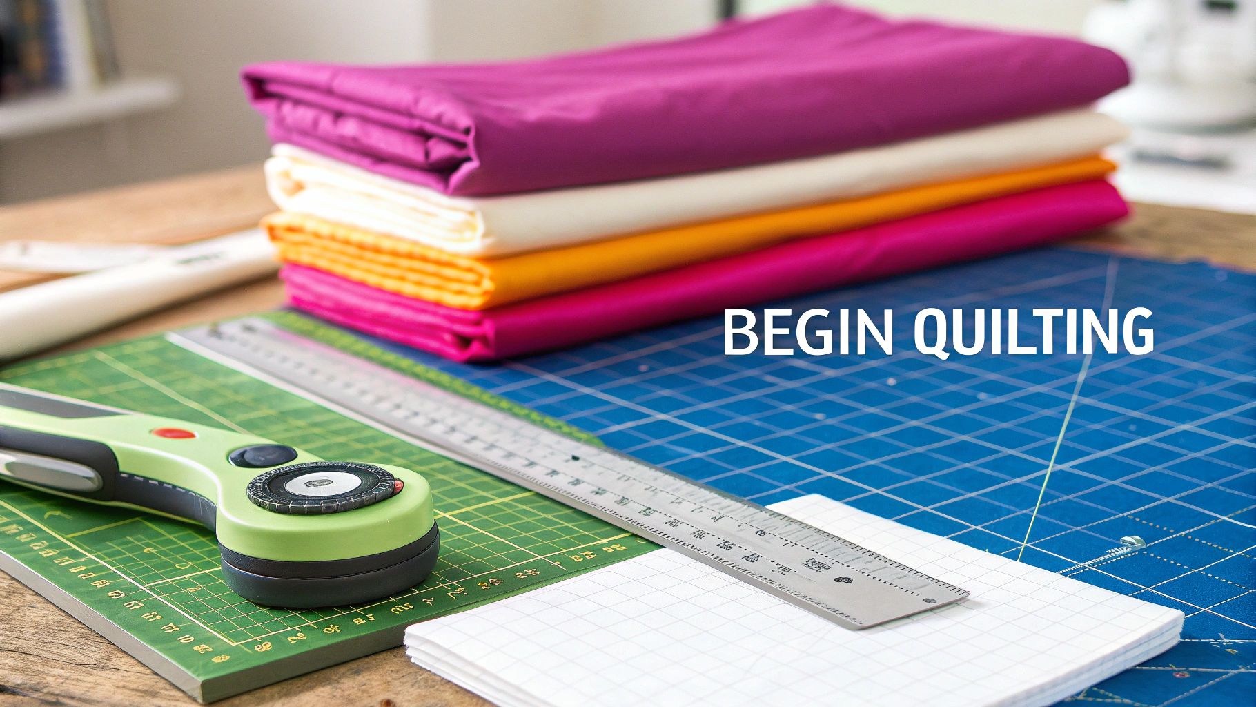 A vibrant assortment of quilting fabrics and tools neatly arranged on a table.