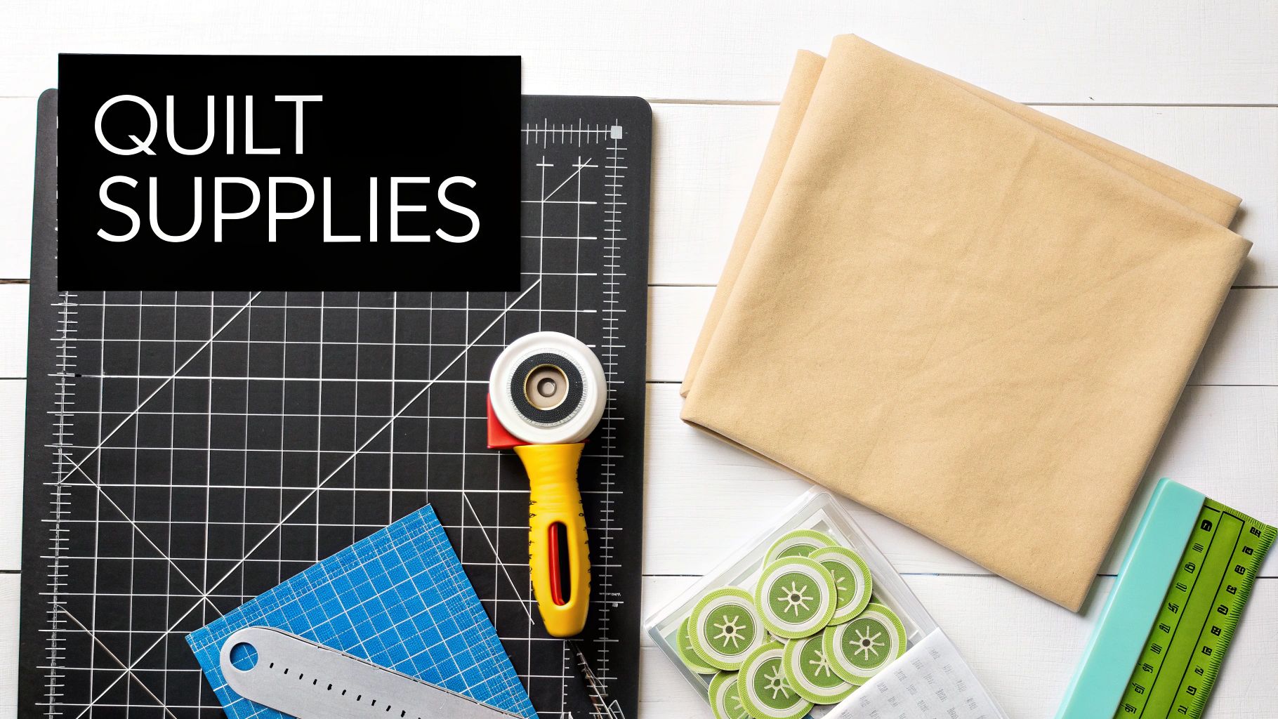 A collection of quilting tools including a rotary cutter, self-healing mat, fabric scissors, and colorful threads arranged neatly.