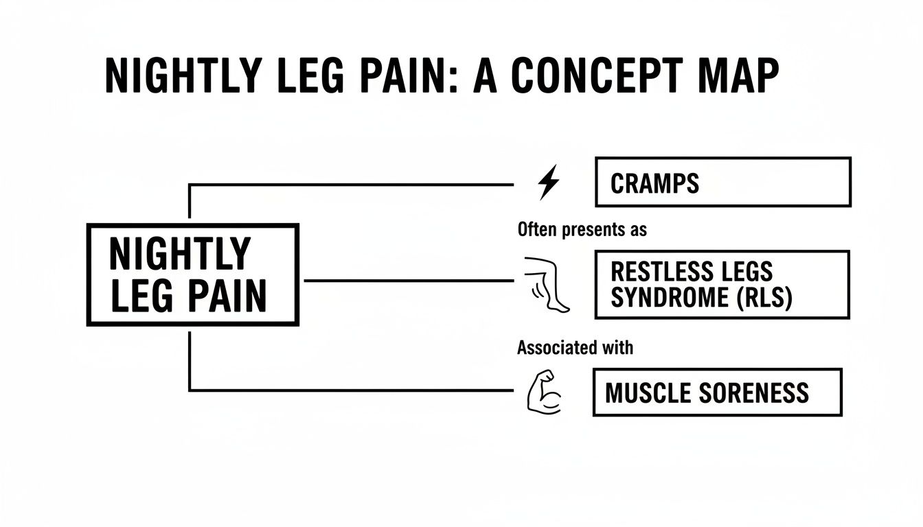 A concept map illustrating nightly leg pain, its common presentations like cramps, restless legs syndrome, and muscle soreness.