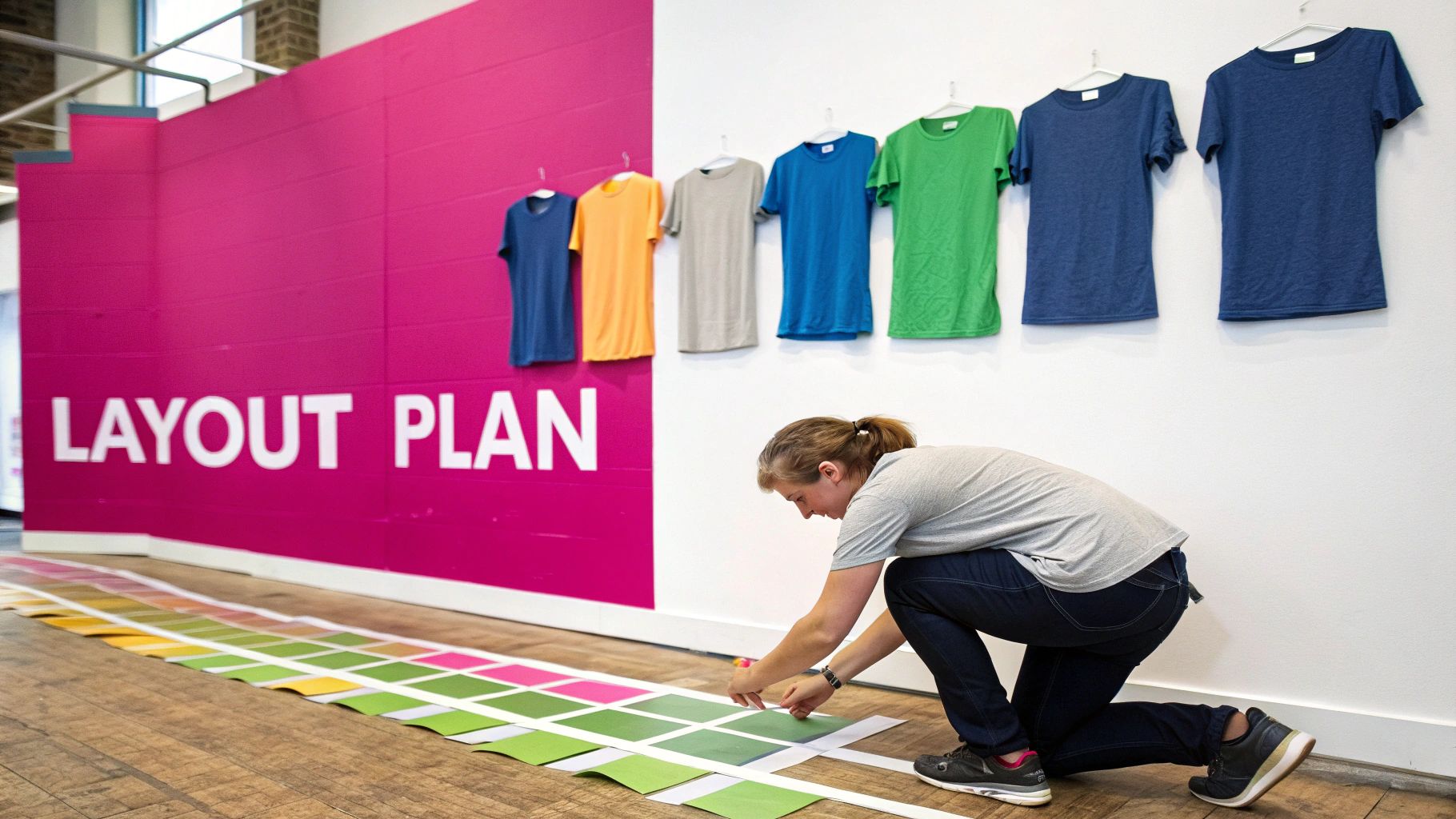 A woman kneels, arranging colorful paper squares on a floor next to a "LAYOUT PLAN" wall and hanging t-shirts.