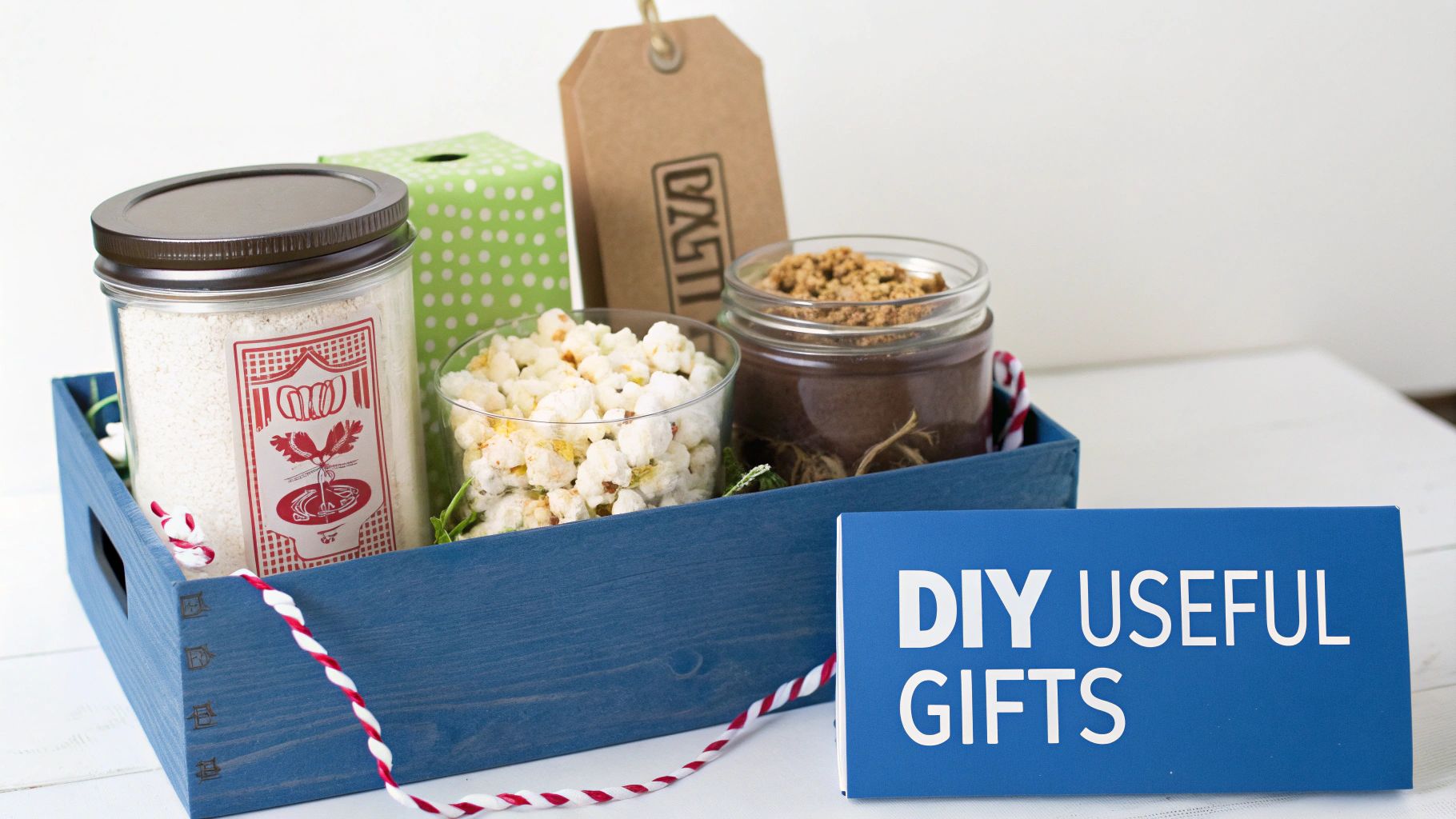 A blue wooden tray filled with various DIY useful gifts, including mixes, popcorn, and a dessert.