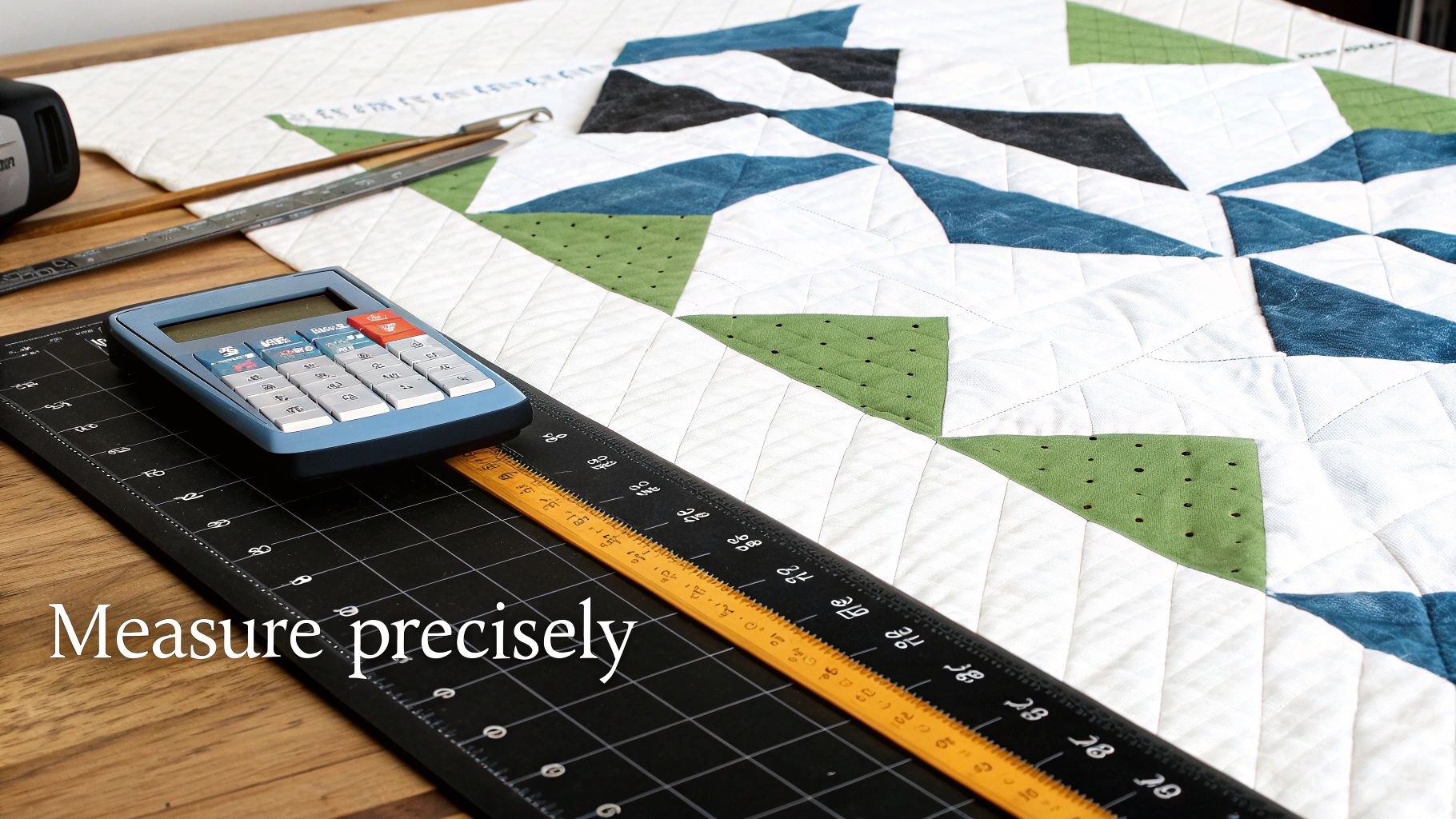 Calculator, rulers, and a quilted blanket with green, blue, and black patterns on a wooden table, emphasizing precise measurement.