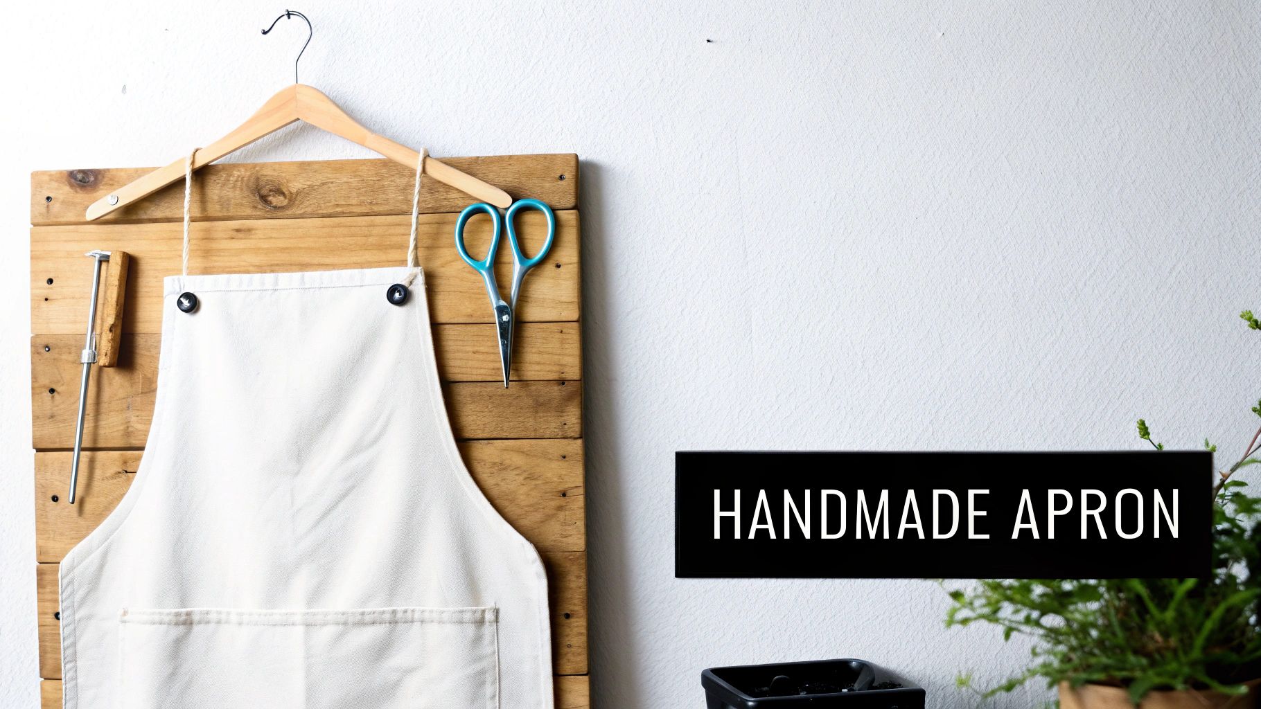 A handmade white apron hangs on a rustic wooden board with scissors and a tool, beside text 'HANDMADE APRON'.