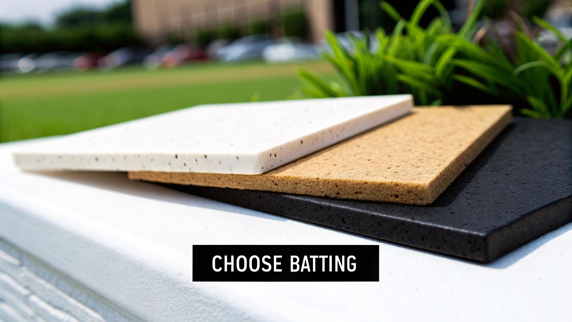 Three stacked samples of batting in white, tan, and black, with a green background.