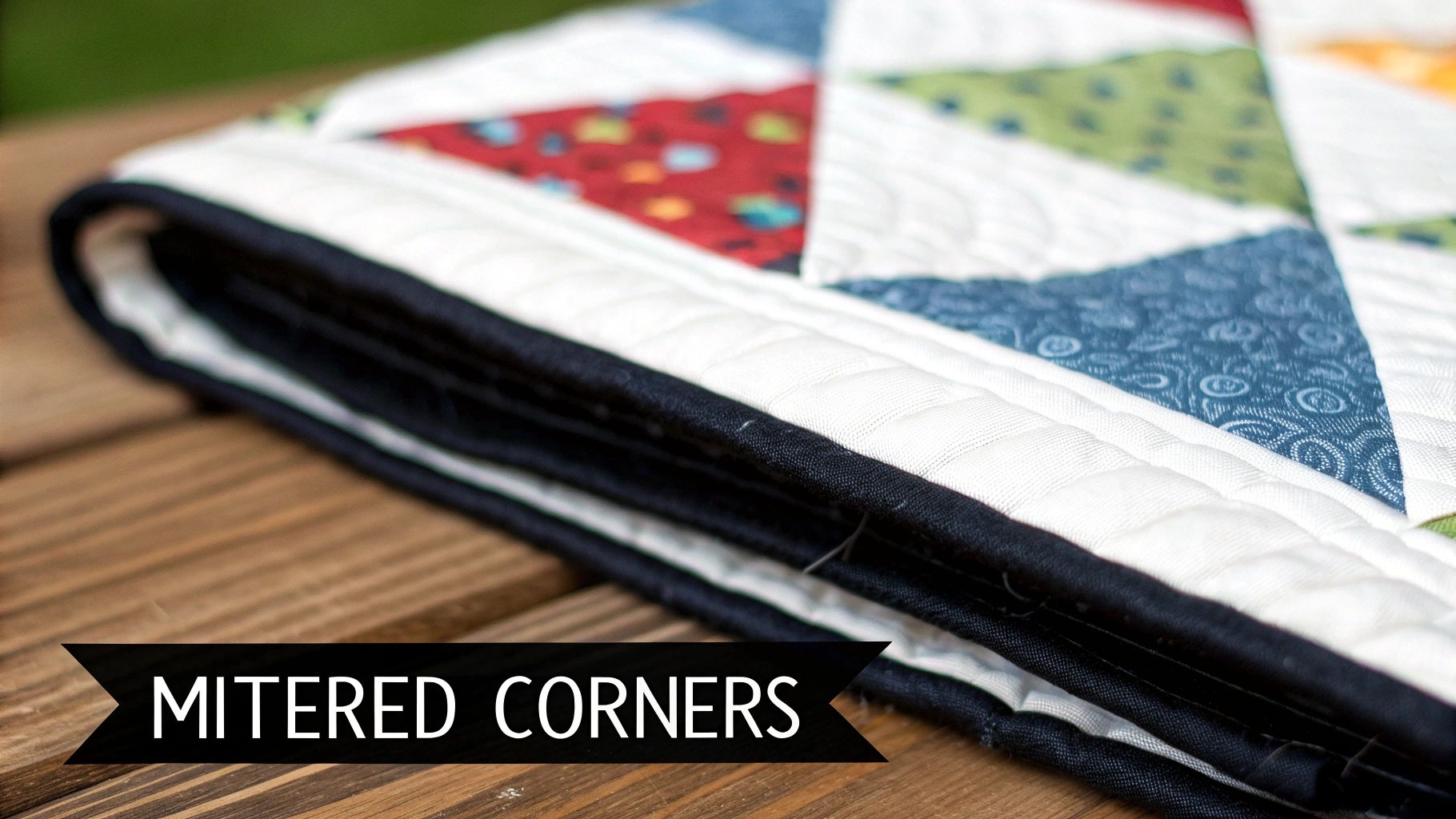 A close-up of a perfectly mitered quilt corner, showing the crisp 45-degree fold.