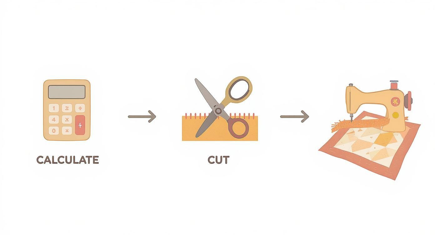 Infographic showing the binding preparation process with icons for calculating, cutting, and attaching.