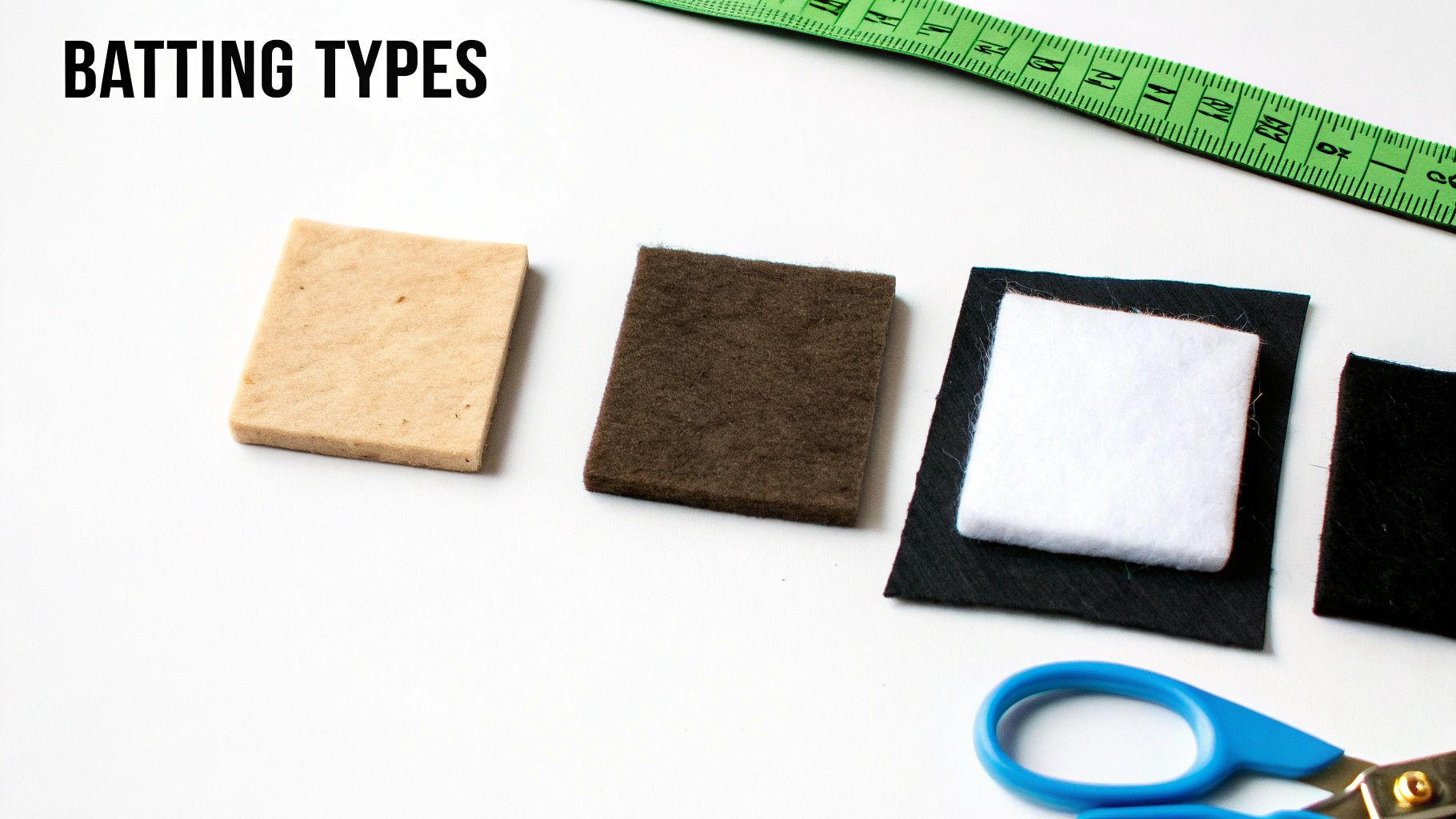 Different types of batting material in various colors, along with a measuring tape and scissors.