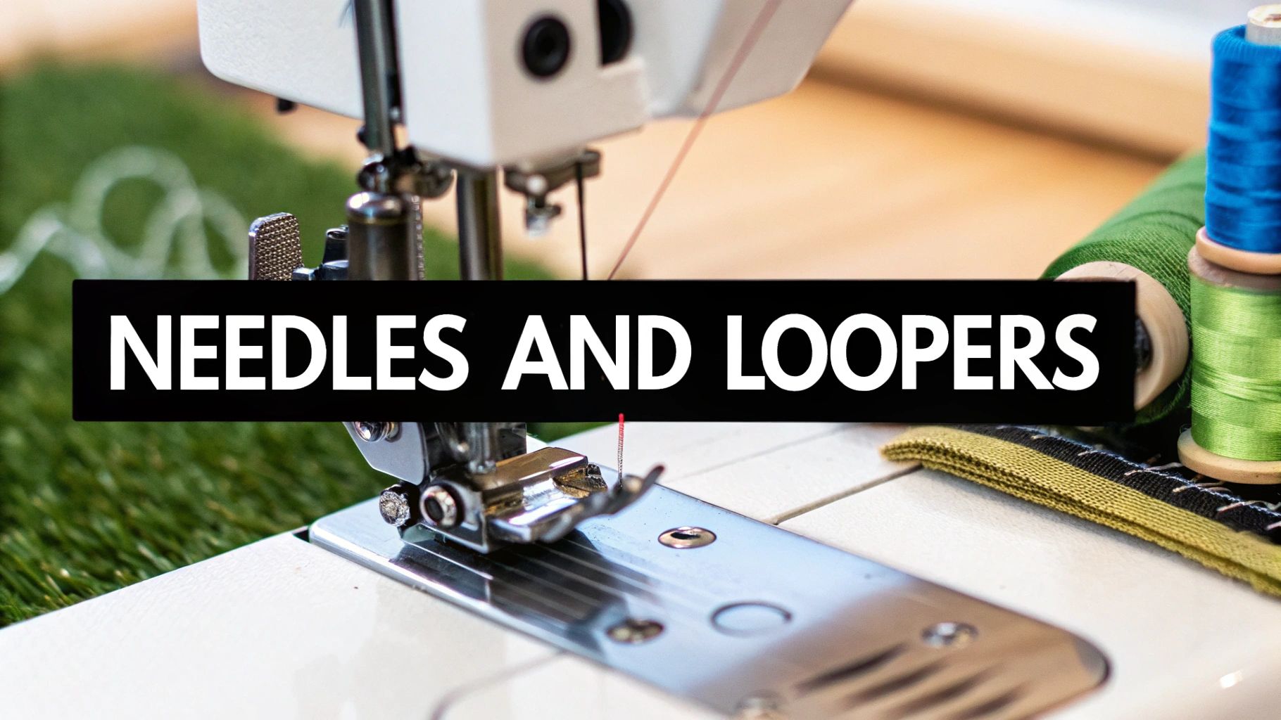 Close-up of a sewing machine needle area and a serger's looper and knife mechanism.
