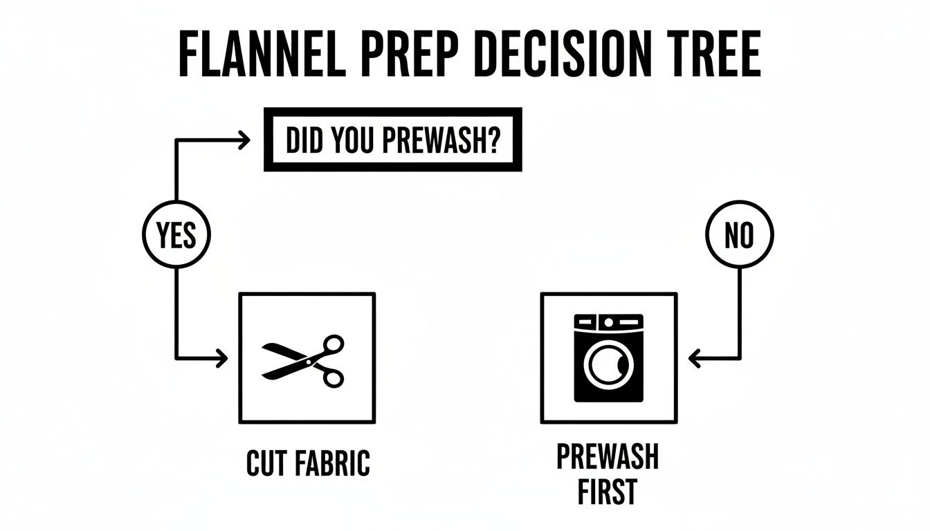 A flannel prep decision tree flowchart illustrating whether to prewash or cut fabric first.