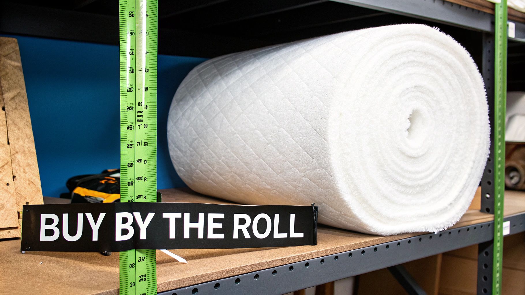A large roll of white quilted batting or insulation on a warehouse shelf with a "BUY BY THE ROLL" sign.