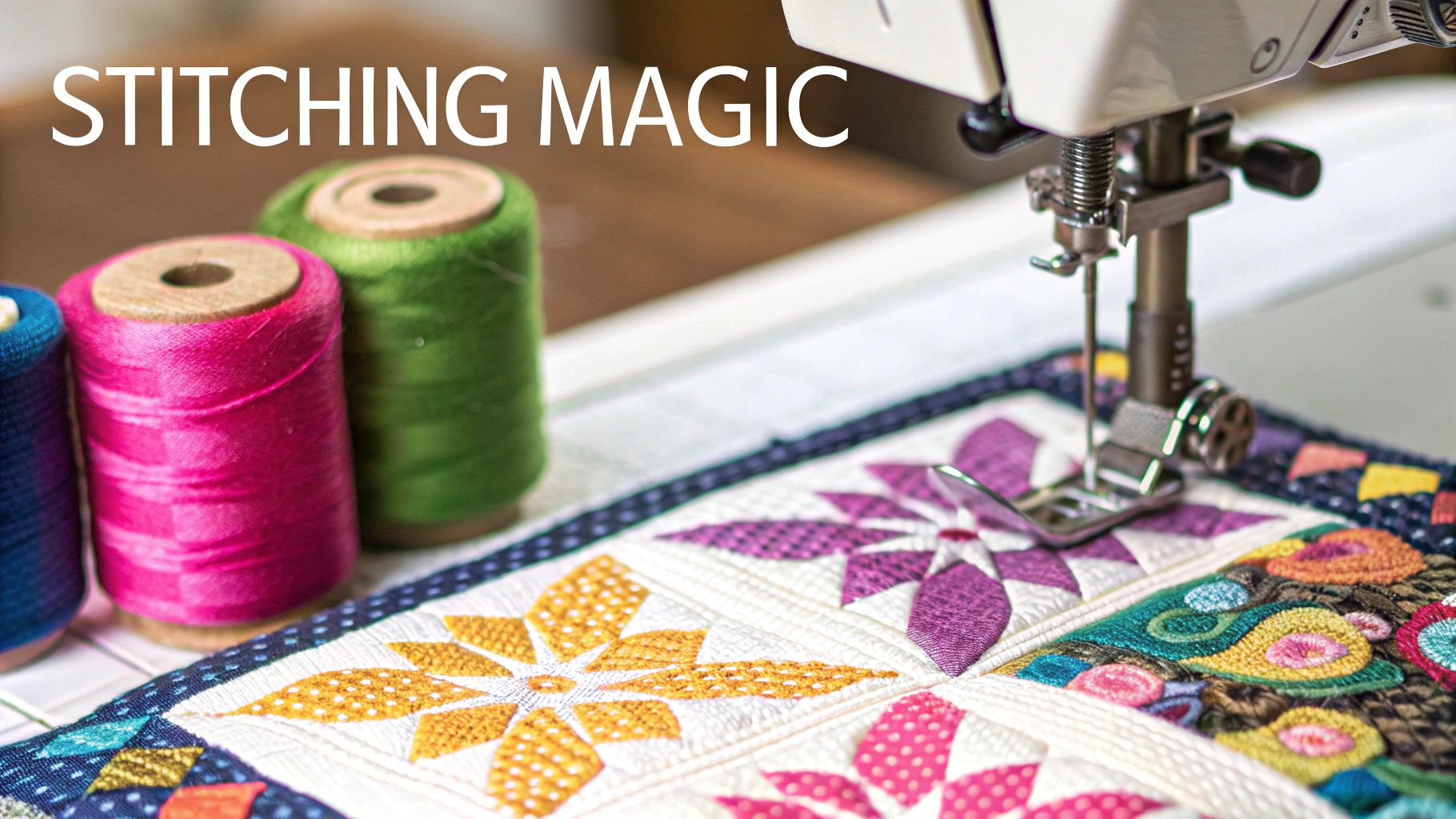A close-up view of an embroidery machine needle stitching a colorful design onto a quilt block.
