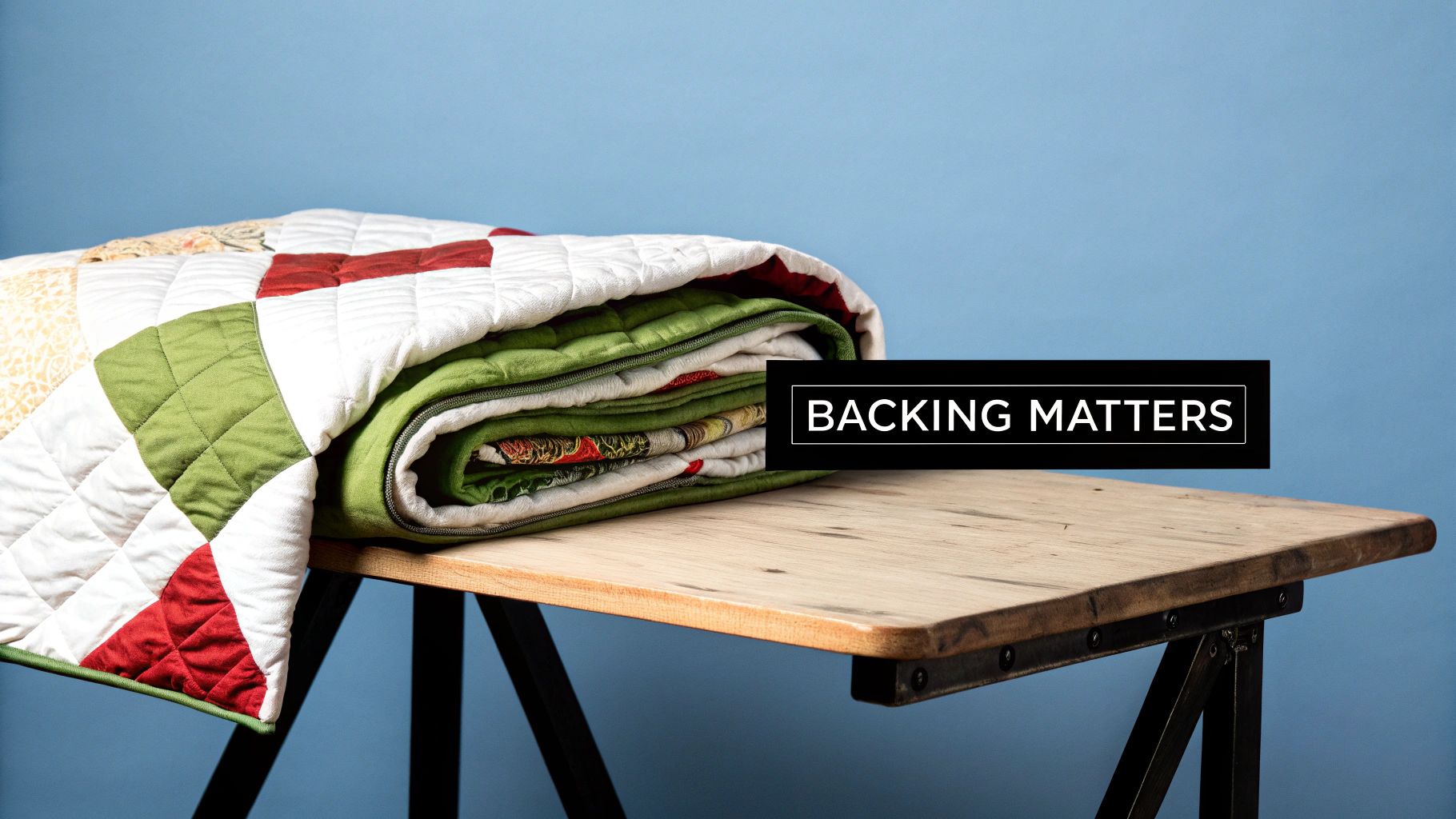 A neatly folded patchwork quilt in red, white, and green rests on a rustic wooden table. Text overlay reads "BACKING MATTERS".