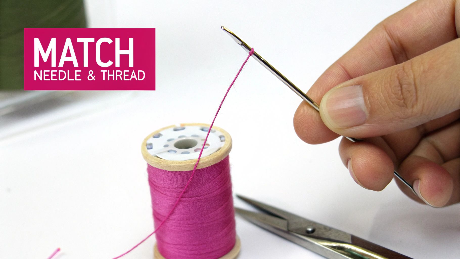 Hand holding needle with pink thread matching spool demonstrating thread and needle pairing technique