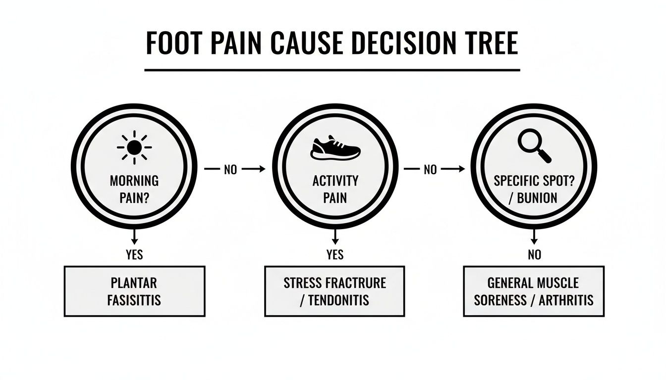 Decision tree flowchart for identifying causes of foot pain based on symptoms like morning or activity pain.