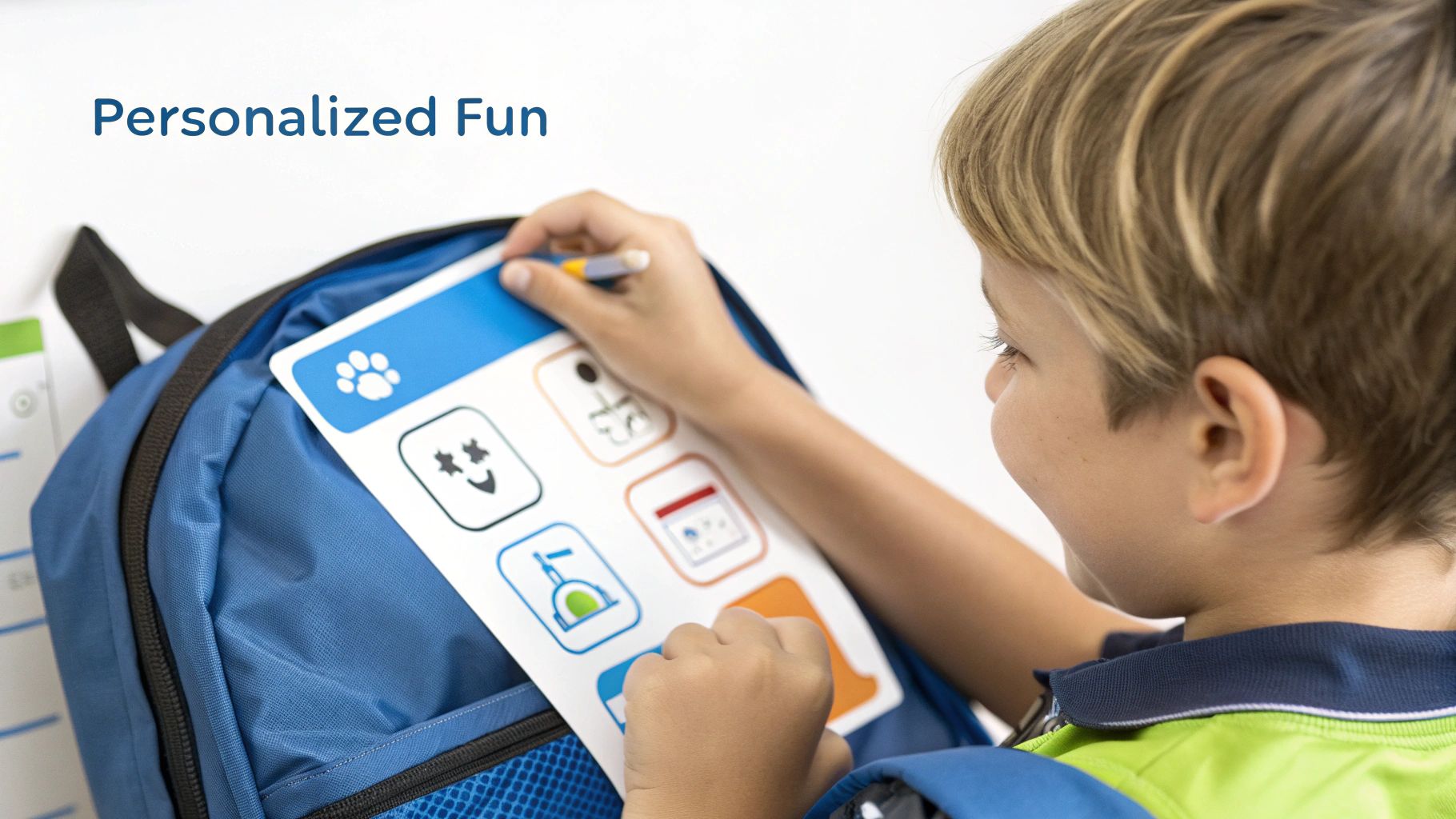 A young boy is engaged in a personalized fun activity, drawing on a card with icons while it rests on a blue backpack.