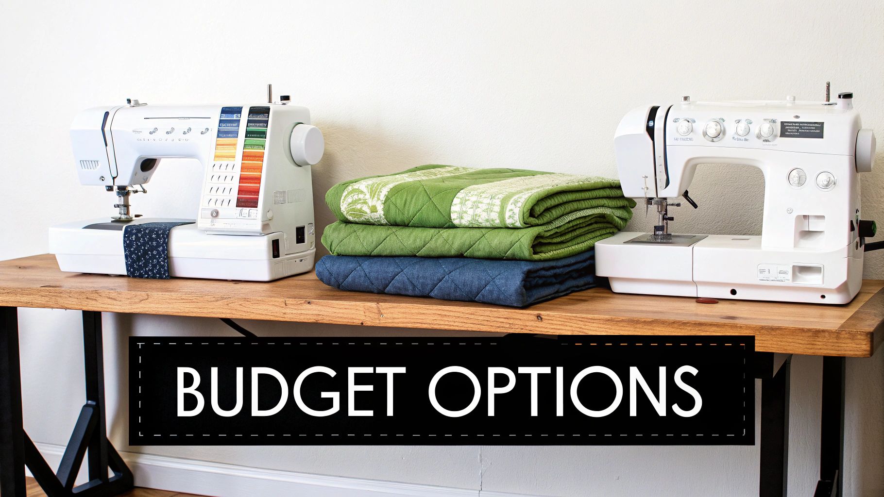 Two white sewing machines and quilted blankets on a wooden table, with a 'Budget Options' banner.