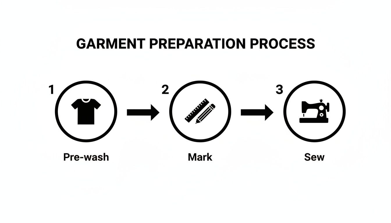 Diagram showing three steps for garment preparation: pre-wash, mark with a ruler, and sew with a machine.