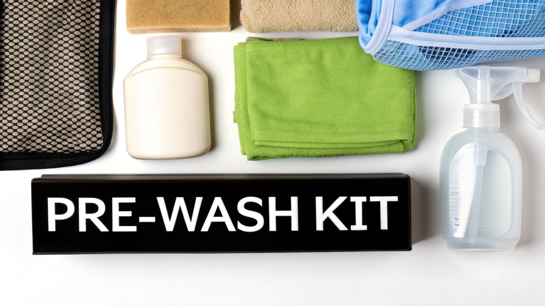 Flat lay of a 'PRE-WASH KIT' containing bottles, towels, sponges, and mesh bags.