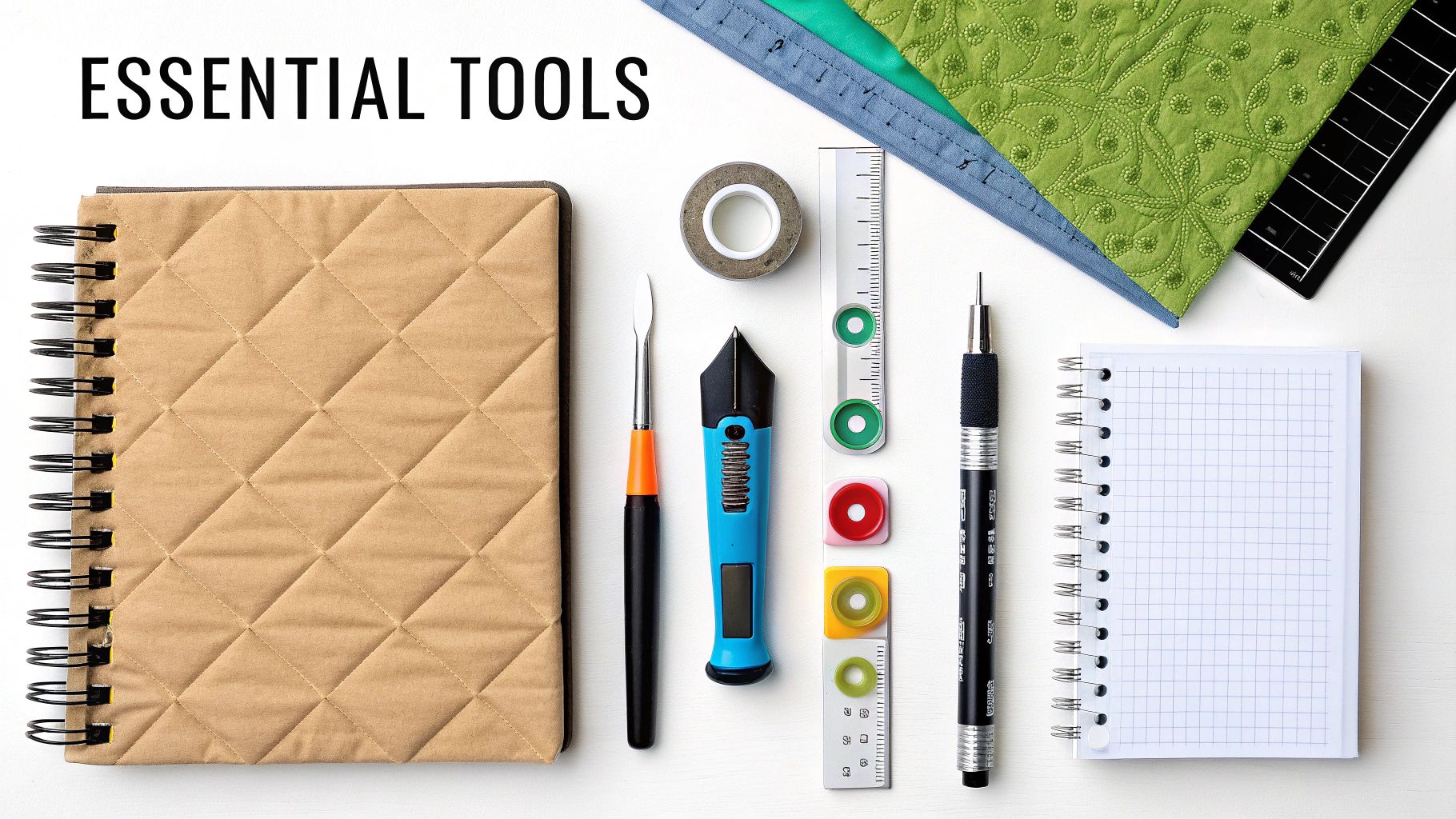 Flat lay of essential quilting and craft tools including notebooks, a ruler, and various cutting tools.