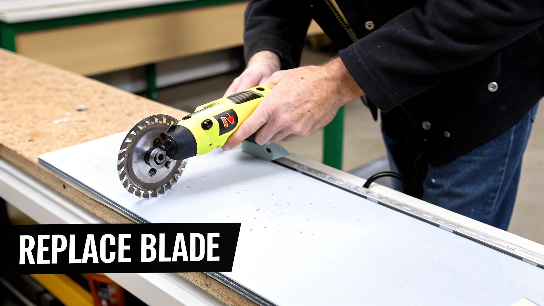 A person carefully retracting the blade on their rotary cutter after making a cut.