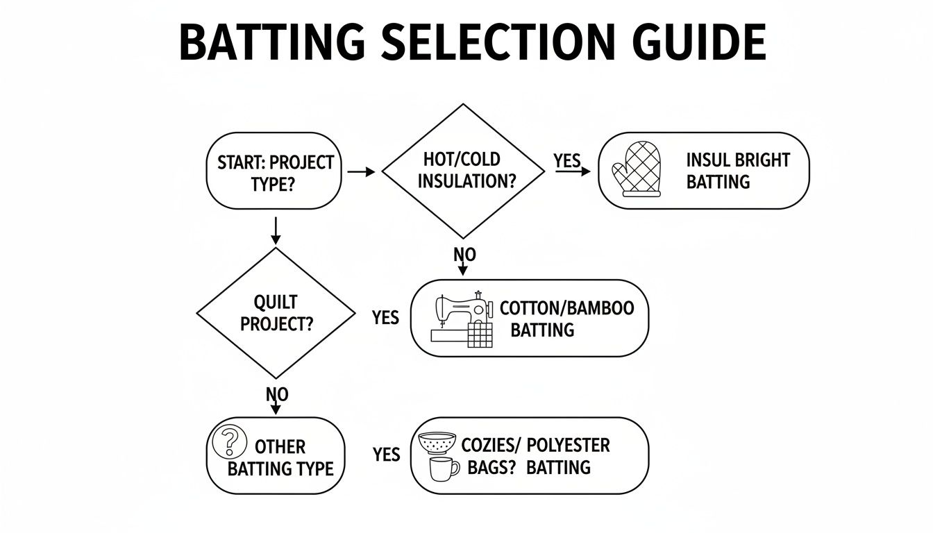 Flowchart for selecting batting based on project type, covering insulation, quilts, and other crafts.