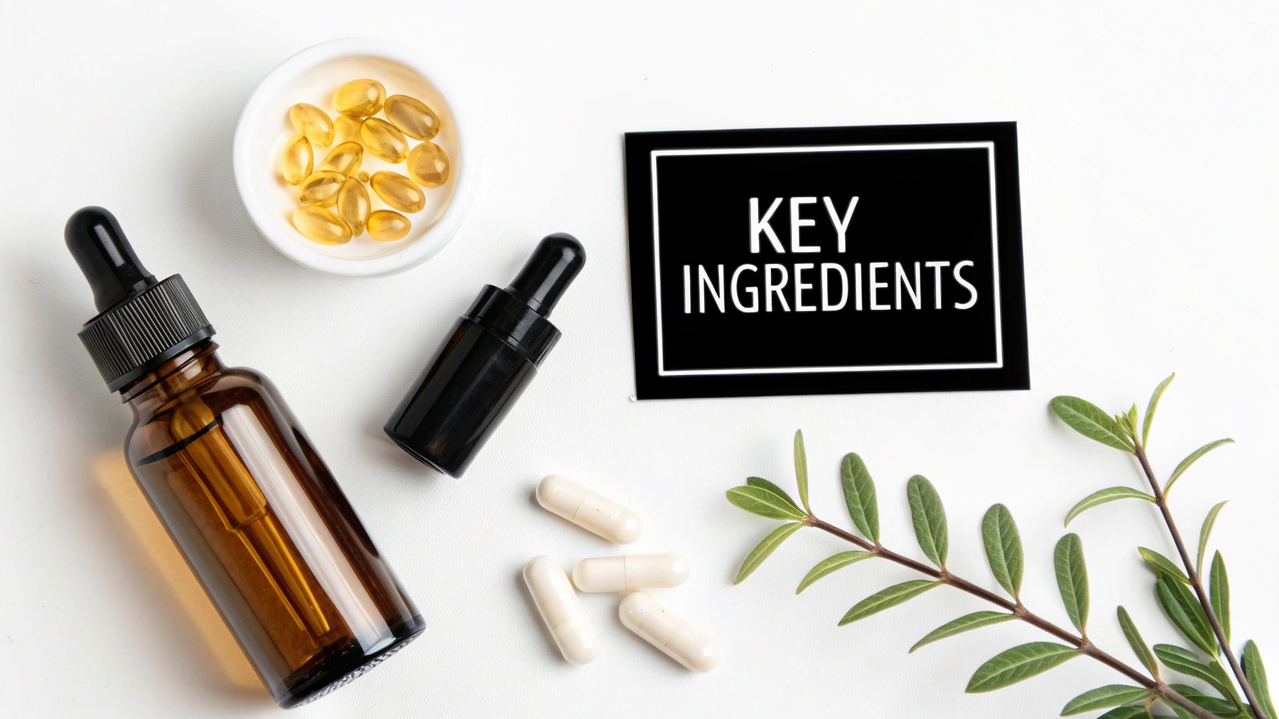 An overhead shot of various natural skincare ingredients, supplements, and dropper bottles on a white background, with 'KEY INGREDIENTS' sign.