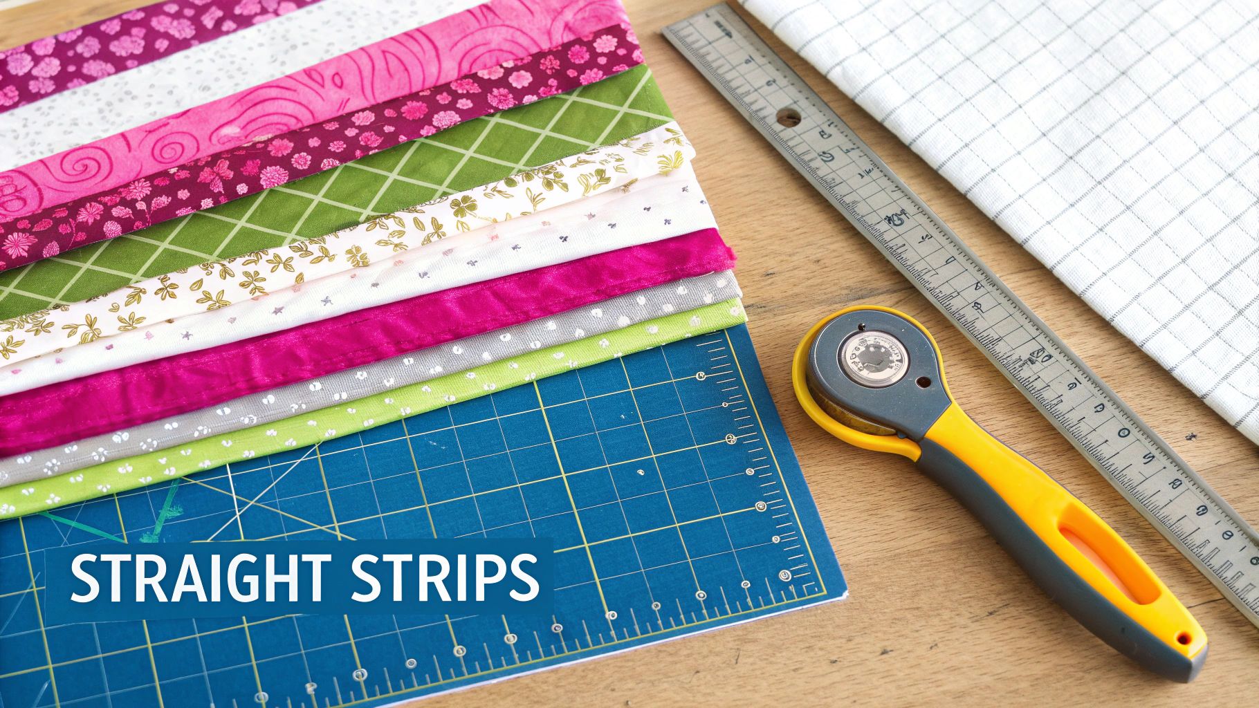 A quilter using a rotary cutter and acrylic ruler to cut strips of fabric on a self-healing mat.