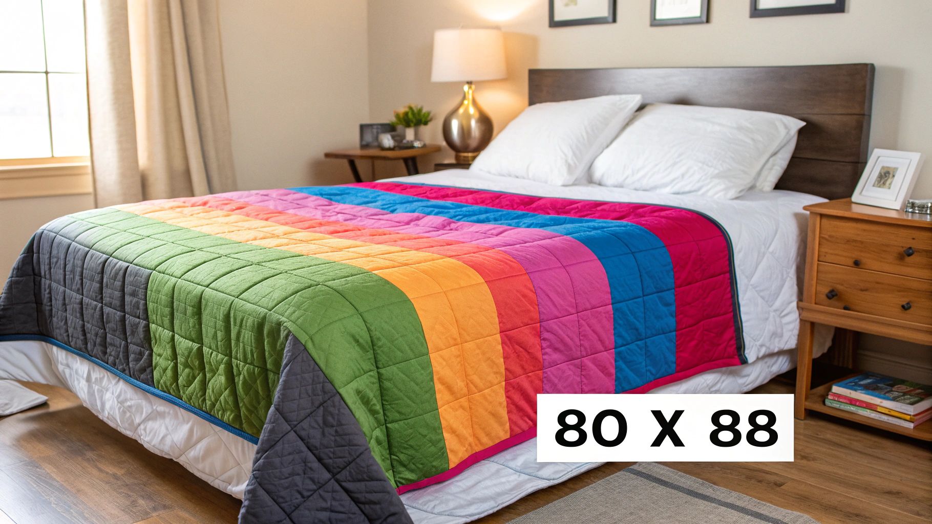 A neatly folded stack of colorful quilts on a wooden shelf, showcasing different patterns and textures.