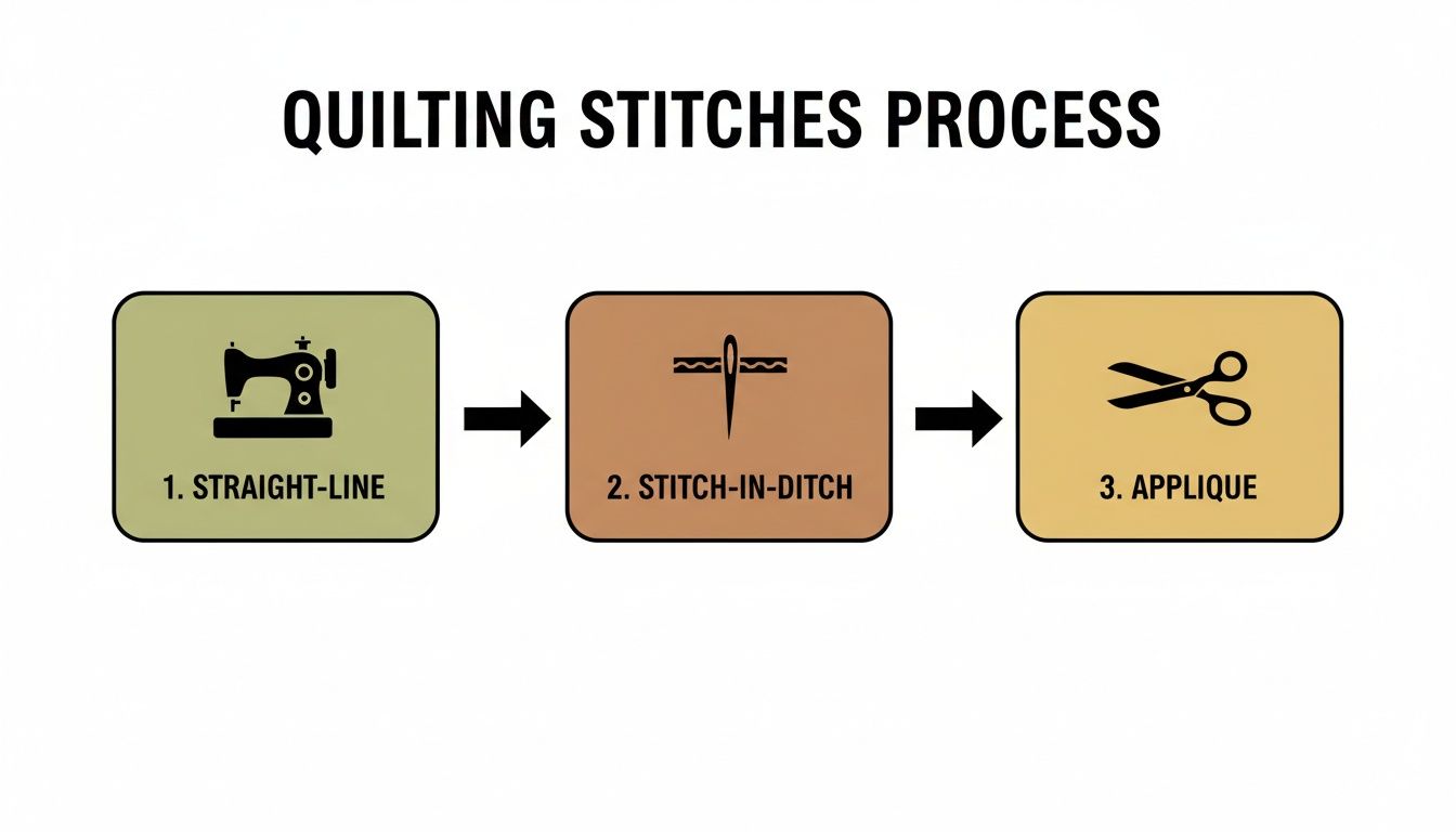 A three-step process diagram illustrating various quilting stitch techniques: straight-line, stitch-in-ditch, and applique.
