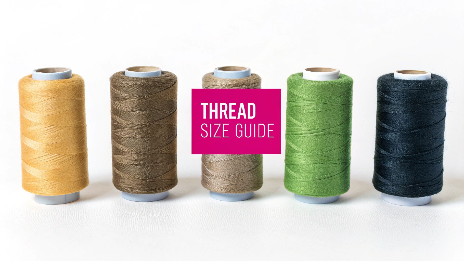 Thread size guide showing five colorful spools of sewing thread in different thicknesses and colors
