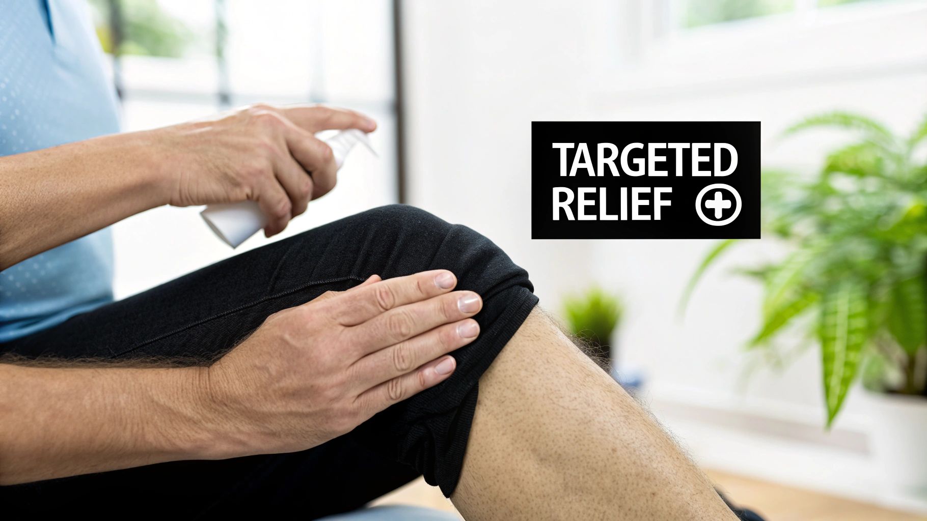 Person applying pain relief spray to their knee for targeted muscle and joint relief.