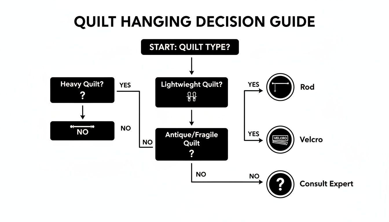 Flowchart illustrating a quilt hanging decision guide based on quilt type, recommending rod, velcro, or expert consultation.