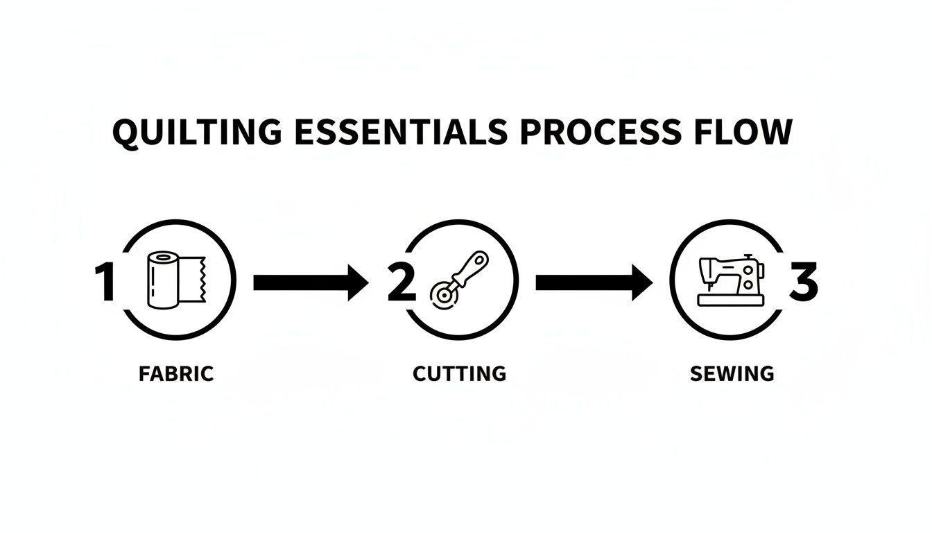 A three-step process flow for quilting essentials, showing fabric, cutting, and sewing stages.