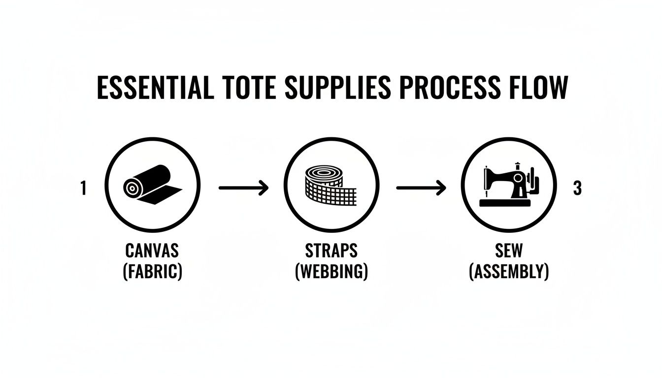 Process flow diagram for essential tote bag supplies, including canvas, straps, and sewing.
