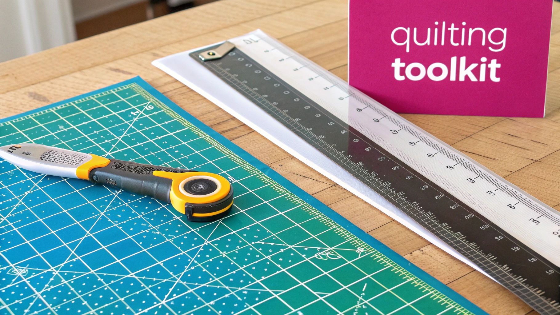 A collection of quilting tools including a rotary cutter, rulers, and a self-healing mat spread out on a wooden surface.