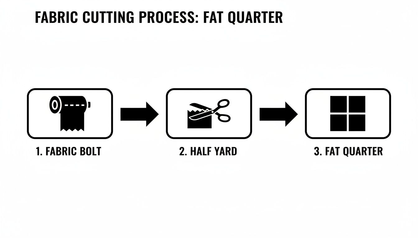 A diagram showing the fabric cutting process from a bolt to a half yard, then a fat quarter.