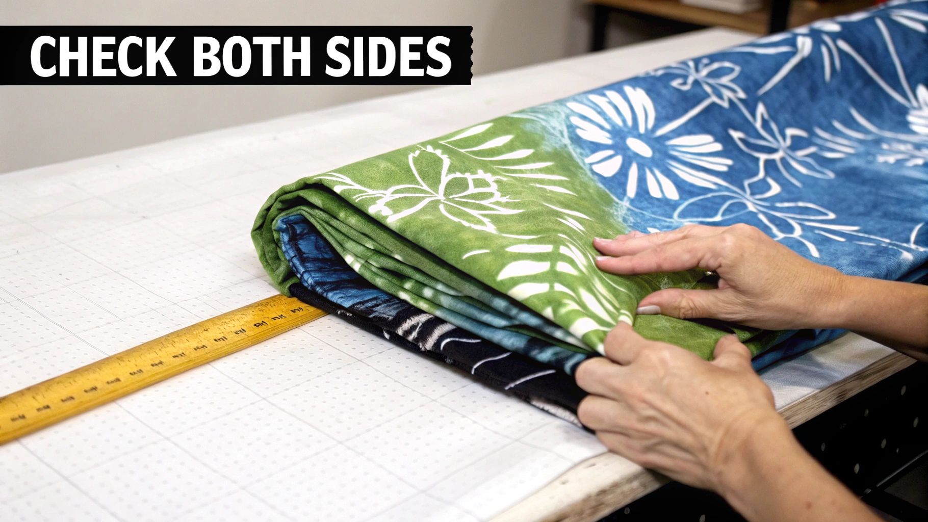 Hands folding layers of vibrant green and blue batik fabric with white floral patterns on a cutting mat.