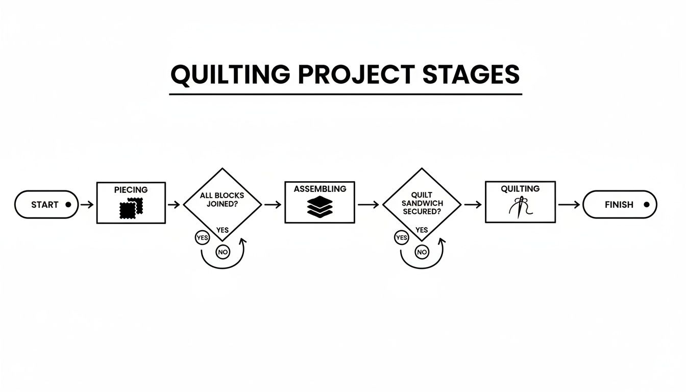 A flowchart illustrating the step-by-step stages of a quilting project, from start to finish.