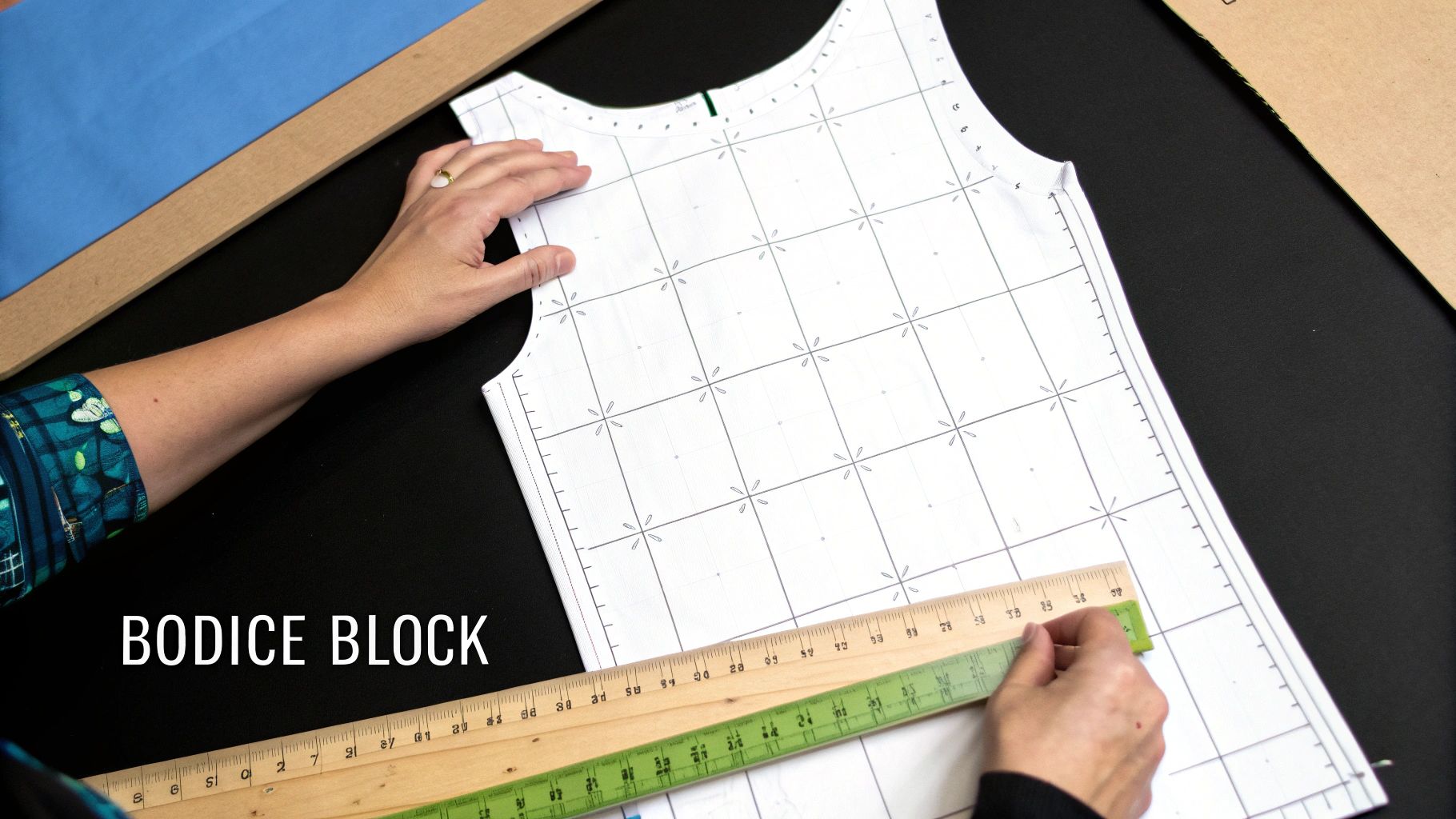 A person drafting a sewing pattern on a large sheet of paper with rulers and pencils.