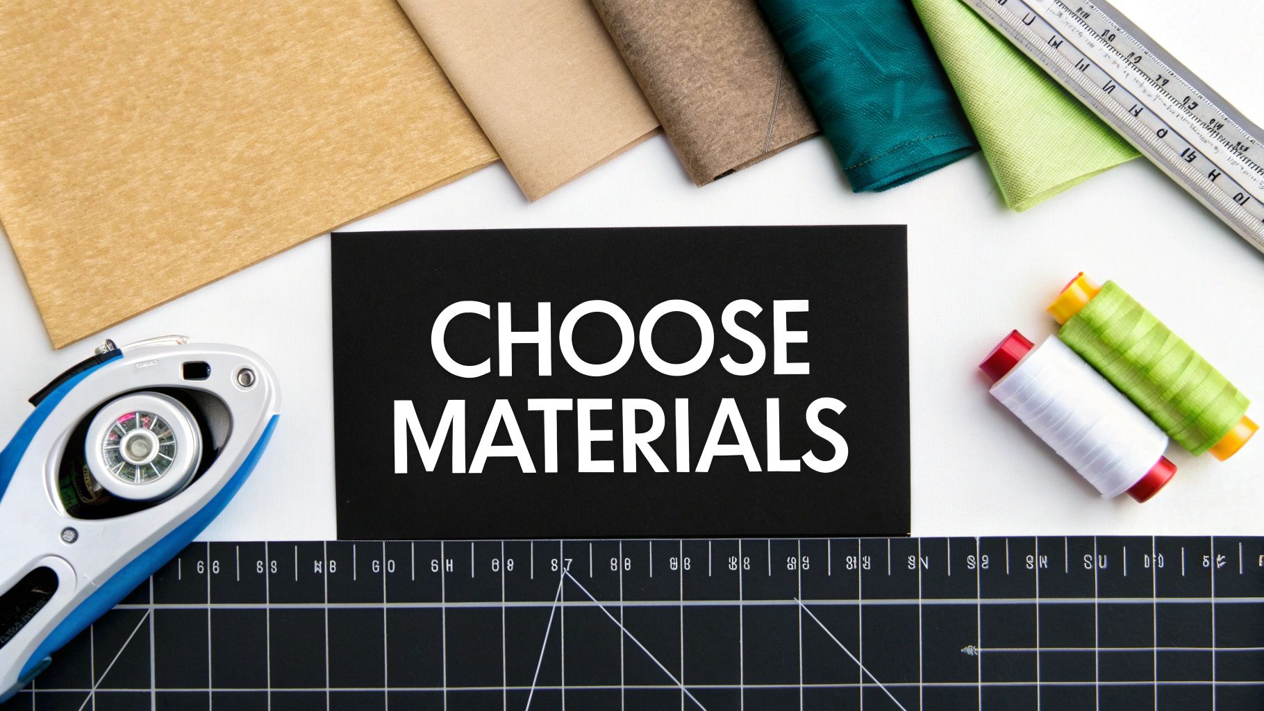 A flat lay of sewing and craft materials including fabric swatches, colorful thread, ruler, and a card reading 'CHOOSE MATERIALS'.