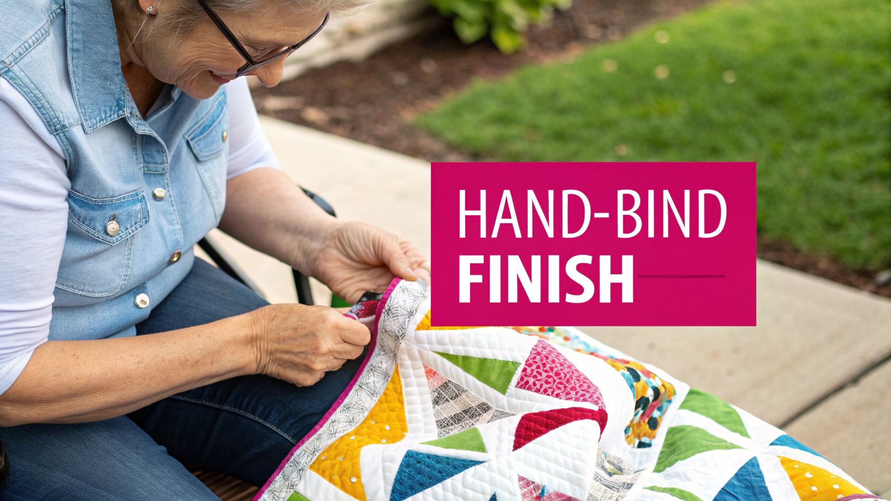A close-up of a person's hands carefully hand-stitching the binding on a colorful quilt.