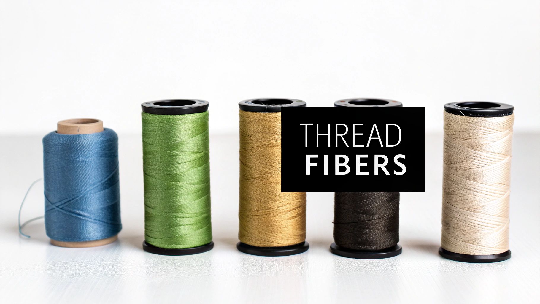 Five spools of various colored threads, including blue, green, gold, brown, and beige, with a 'THREAD FIBERS' overlay.