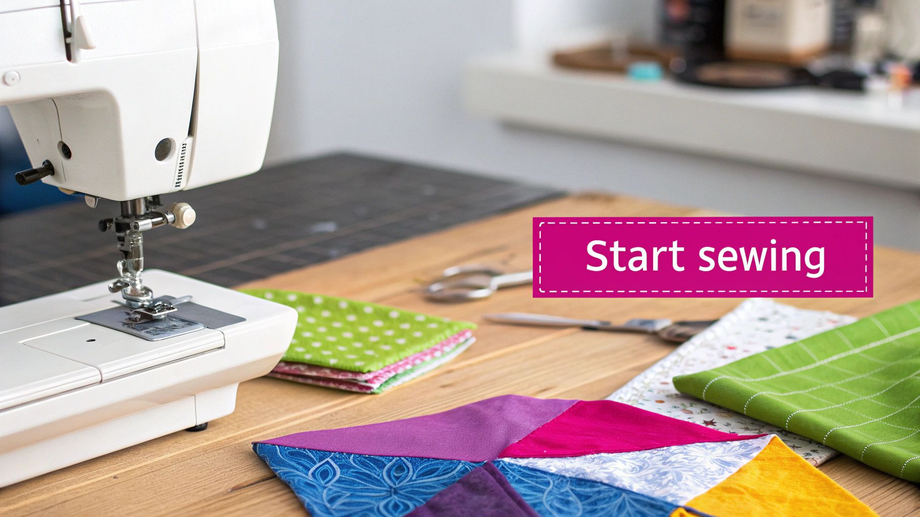 A person sewing colorful fabric pieces together to create a quilt.