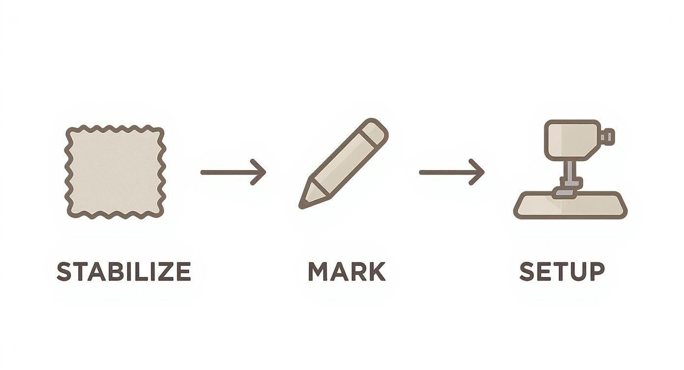 Diagram showing steps to prepare fabric for machine sewing: stabilize, mark, and setup.