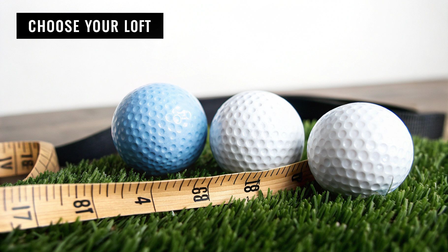 Three golf balls, a measuring tape, and text 'CHOOSE YOUR LOFT' on artificial grass.