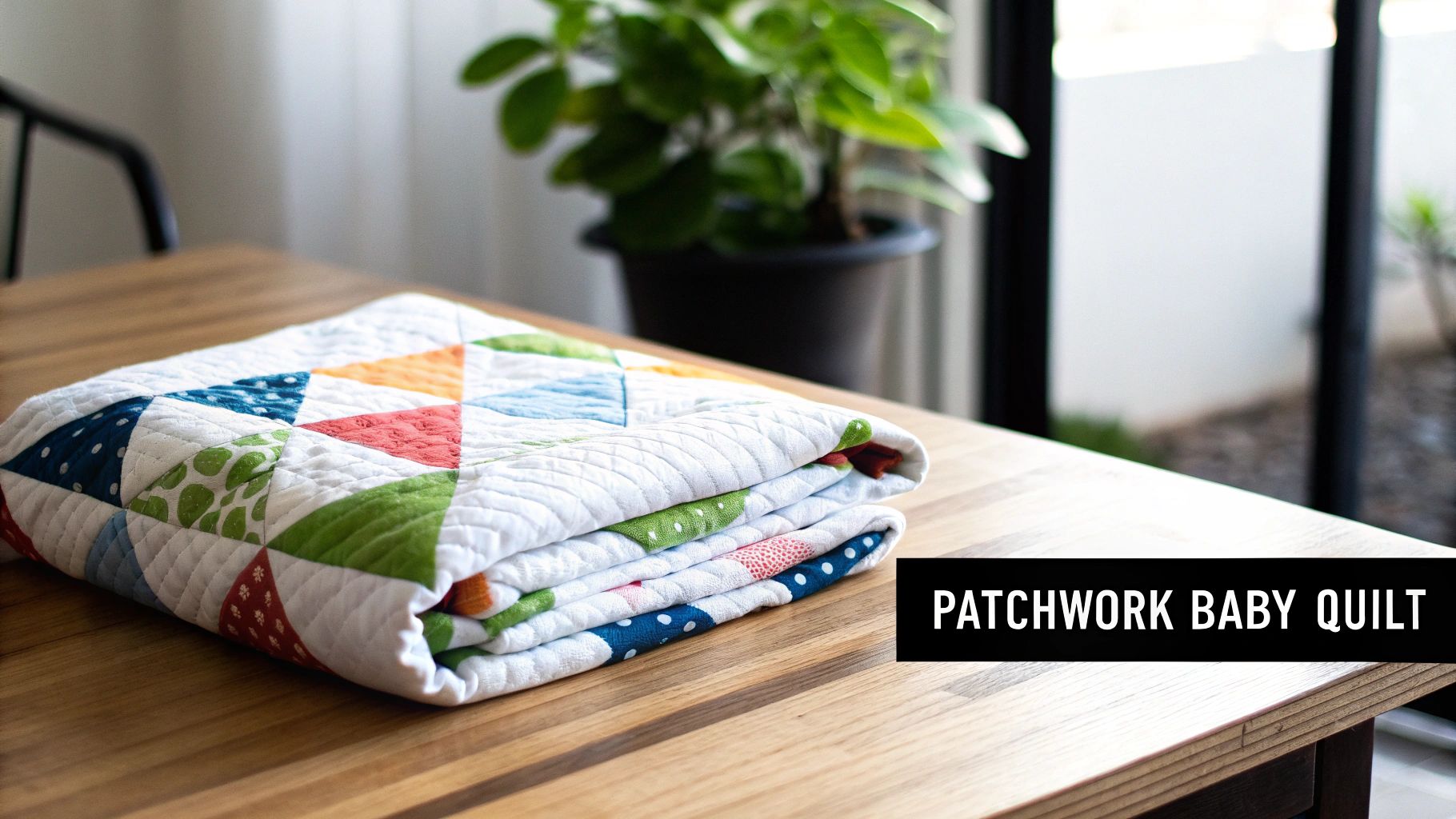 A colorful patchwork baby quilt with triangular patterns, folded neatly on a wooden table.