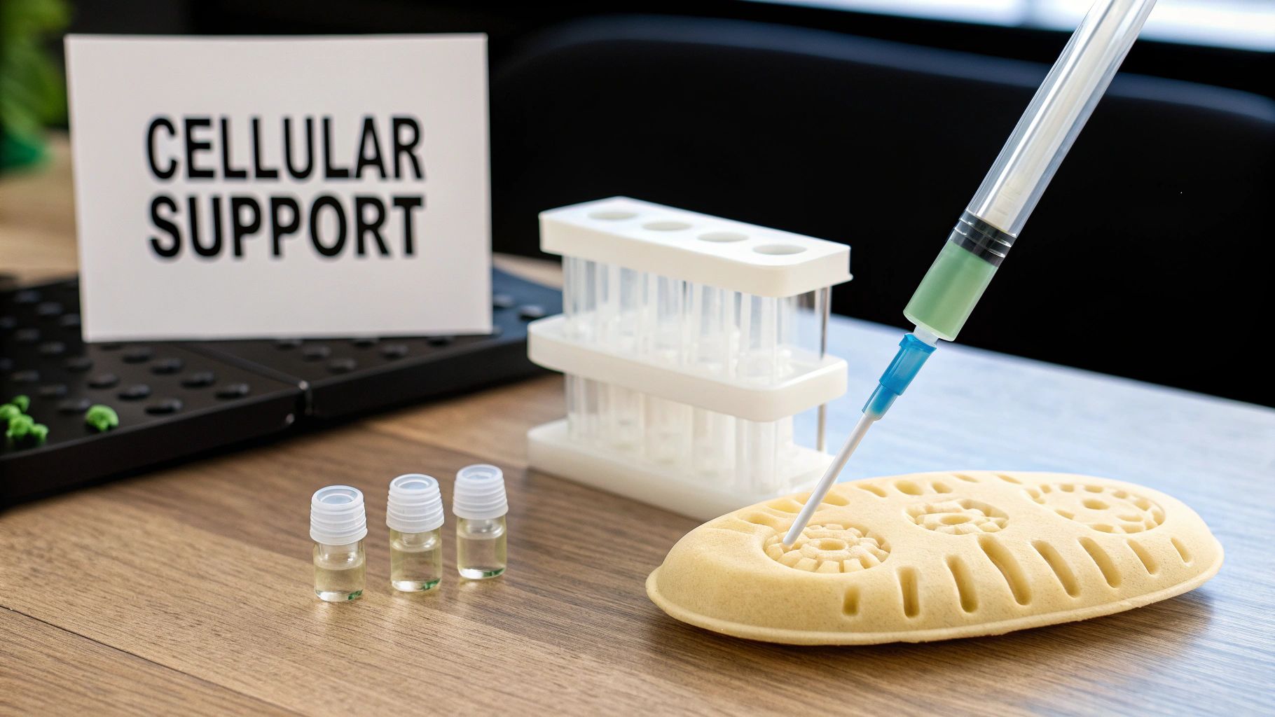 A lab setup with a 'CELLULAR SUPPORT' sign, syringe, test tubes, and vials on a table.